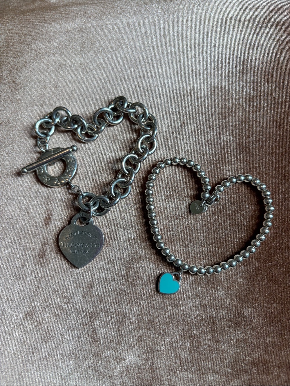 Tiffany & Co. Silver Heart Charm Toggle Bracelet with Blue Heart Bead Bracelet